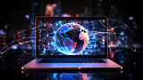 Fototapeta Konie - Artificial Intelligence Infused Laptop - Neon Illuminated High-Tech 3D Rendering