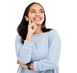 © Bharat Krunal/peopleimages.com - Happy woman, thinking and face with smile for decision, choice or dream isolated on a transparent PNG background. Confident female person in planning for ideas, future solution or remember and memory