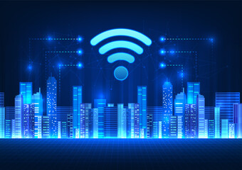 Poster - WiFi technology in the smart city with a Wi-Fi icon at the top Refers to the technology of the Internet signal that spreads throughout the city to allow people to access information quickly.