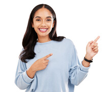 Happy Woman, Portrait And Pointing Hands For Advertising Isolated On A Transparent PNG Background. Female Person Or Model Finger For Advertisement Show, Discount Sale Or Promotion Deal And Marketing