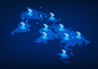 WiFi technology on an interconnected world map Refers to the Wi-Fi technology that is used around the world to access the Internet signal. access to communications isometric image