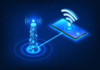 Poster - Cellular towers are technologies that emit signals into mobile phones to reach communications anywhere.It is an isometric image of a cell tower transmitting a signal to a cell phone with a WiFi symbol