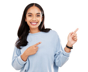 happy woman, portrait and pointing hands for advertising isolated on a transparent png background. f