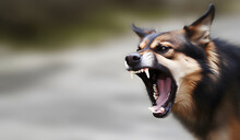 Head Shot Of Aggressive German Sheperd Dog Barking. Rabies Infection Concept.