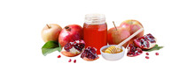 Web Banner With Apples, Jar Of Honey And Pomegranates On Tray For Jewish Holiday Rosh Hashanah, Honey And Fruits Isolated