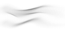 Flowing Dots Particles Wave Pattern 3D Curve Halftone Black Gradient Curve Shape Isolated On White Background. Vector In Concept Of Technology, Science, Music, Modern.