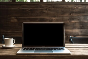 Modern office lifestyle. Coffee cup and laptop on wooden table in shop with copy space. Freelance work in cafe. Remote working concept