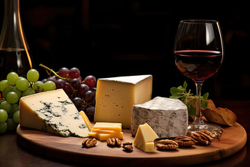 A close-up highlighting the intricate details of the cheese and glass of wine