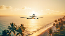 Airplane Flying Above Calm Sea And Palm Trees In Clear Sunset Sky With Sun Rays. Concept Of Traveling, Vacation And Travel By Air Transport. Beautiful Sky Background