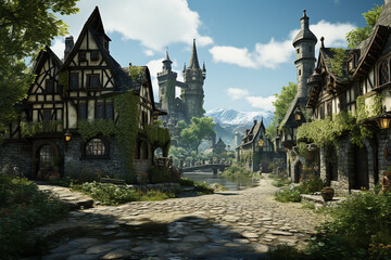 Illustration of medieval European little town or village in computer game