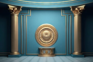 Poster - Luxurious golden podium on blue background. Elegant stage presentation mockup. Modern minimalist studio for ornate ornaments