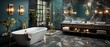© Muzaffer Stock - A luxurious bathroom with marble accents and sleek modern design. The room features a freestanding bathtub and a glass-enclosed shower. The walls are painted blue color, with metallic