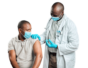 Canvas Print - African doctor, patient man and vaccine for covid with needle, health or face mask by transparent png background. Medic, syringe and booster for immune system, flu or pharma drugs at clinic in Kenya