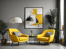 Yellow, Red, Pink, Sky Armchairs And Big Mock Up Poster Frame On The Gray Wall. Mid-century Interior Design Of Modern Living Room, AI Generate