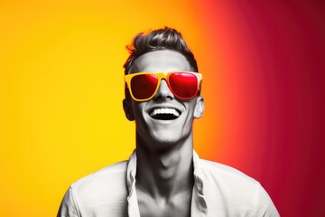 Portrait of a young smiling party guy in fashionable glasses, on a bright background in the studio, pop art and club life style, looks emotionally at the camera