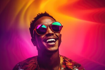 Poster - Portrait of a young smiling African American guy in fashionable glasses, on a bright background in the studio, pop art and club life style, looks emotionally at the camera