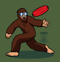 Wall Mural - Bigfoot disc golf isolated. Sasquach throwing disc.