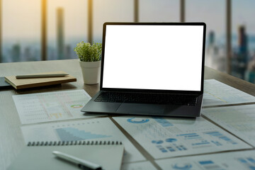 Poster - mock up Using laptop with blank screen computer modern