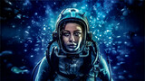 Fototapeta Kosmos - a painting of a woman underwater wearing diving equipment