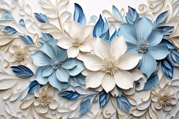 Poster - Ornate blue white flower art. Generate ai