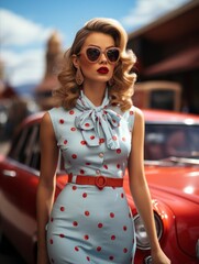 Poster - pin-up attractive women shot in a classic dotted dress posing in front of a retro car, 60s style, vintage