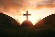 Easter  Concept: Tomb Empty With Cross On Sunset Background, Generative AI