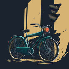 Vintage Bicycle On The Street Illustration In A Flat Style.