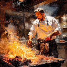A Painting Of A Chef Cooking Meat On A Grill