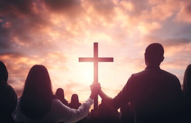 Wall Mural - Worship concept:  christian people hand in hand over  cross on spiritual sky background, Generative AI