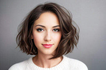 Beauty brunette woman  bob hair in a white sweater on a gray background