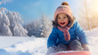 Happy Child playing in the snow with a sled. Joyful winter activity in the snow for children. Concept of winter, joy and playing outdoors. Shallow field of view.