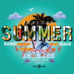 Wall Mural - summer paradise tee graphics typography for print t shirt illustration vector art