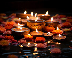 Many diwali candle lit on top of water in the water, diwali stock images, realistic stock photos