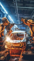 Wall Mural - A robot is welding a welding arm in a car production line