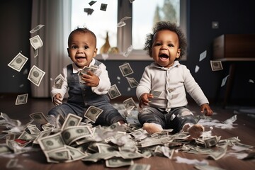 Wall Mural - two playful hyperactive cute african american toddler child twins misbehaving, making a huge mess in a living-room, throwing around things and shredding dollars money. Studio light.