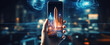 Phone with abstract glowing blue rocket space ship on blurry office interior background. Startup and company growth concept