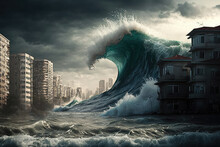 A Large Wave Of Water Is Approaching The City, A Tsunami Is A Large Natural Phenomenon In The Sea And Ocean