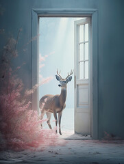 Whitetailed deer in front of an open door with pink flowers. generative ai 