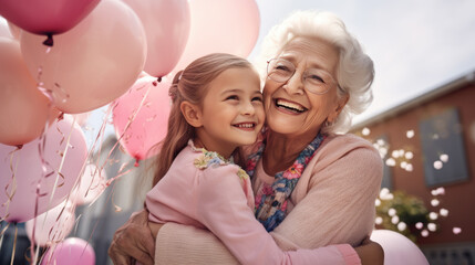 Canvas Print - Granddaughter congratulates her elderly grandmother on her birthday. Celebrating with her family at home. Created with Generative AI technology.