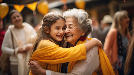 Canvas Print - Granddaughter congratulates her elderly grandmother on her birthday. Celebrating with her family at home. Created with Generative AI technology.