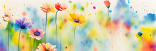 Watercolor Drawing Of Flowers, Bright Background, Ai Generated