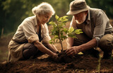Fototapeta Natura - Old Couple planting tree, Elderly Gardener, People save the earth