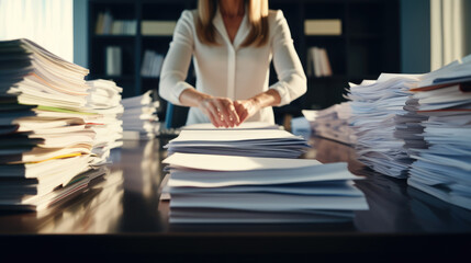 Wall Mural - Businesswoman hands working in Stacks of paper files for searching information on work desk in office.