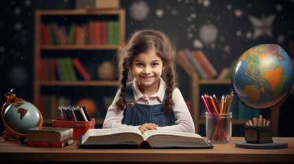 Little schoolgirl smiling while sitting in front of a book against a book shelf background. Created with Generative AI technology.