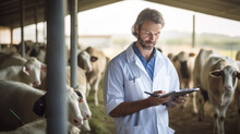 The Veterinarian Looks At The Tablet In Front Of Cows. Created With Generative AI Technology.