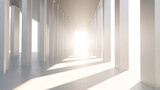 Fototapeta Do przedpokoju - Sunlight shines through columns in a long and white corridor. Architecture modern geometric concrete structure