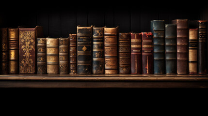 Poster - Old books in the shelf in library .Created with Generative AI technology.
