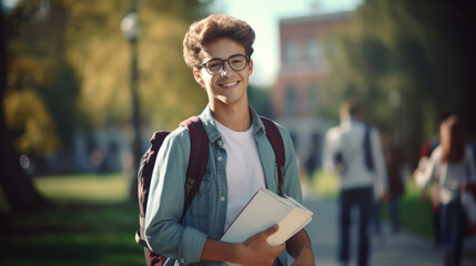 Sticker - Portrait Of Male Student Standing outside In front of College Building.Created with Generative AI technology.