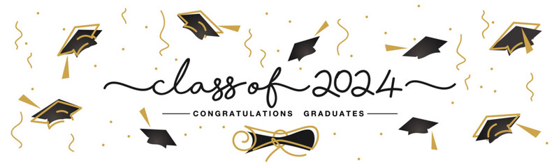 2024. Class of 2024 handwritten typography lettering text. Hand drawn design with diploma confetti and flying graduates caps Congratulations graduates. Golden and black line design white background
