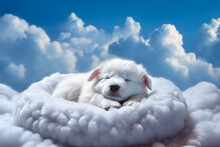 A Heart Melting Sight Of A Cute Little Puppy Peacefully Sleeping On A Fluffy Cloud, Bringing Joy And Tranquility To The Heart. Ai Generated